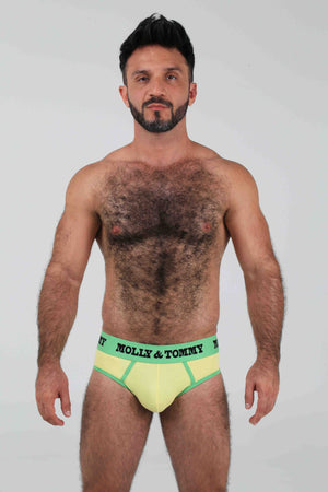 
            
                Load image into Gallery viewer, Jockstrap Style Brief - Colour Green Band with Yellow Fabric
            
        