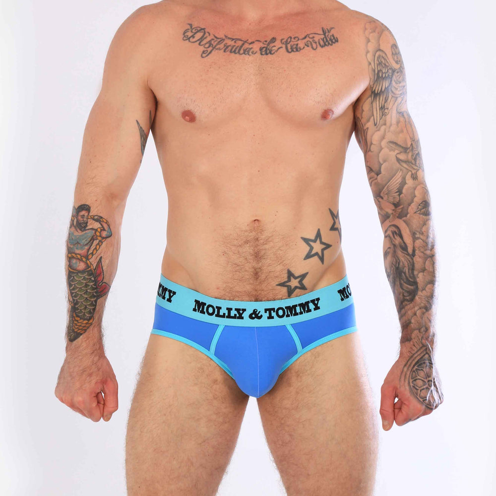 
            
                Load image into Gallery viewer, Full Cotton Brief - Colour: Turquoise Band with Blue Fabric
            
        