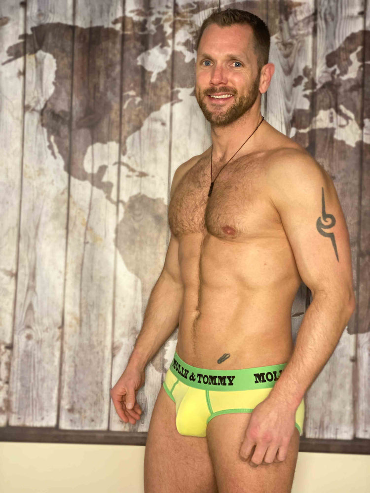 
            
                Load image into Gallery viewer, Full Cotton Brief - Colour: Green Band with Yellow Fabric
            
        
